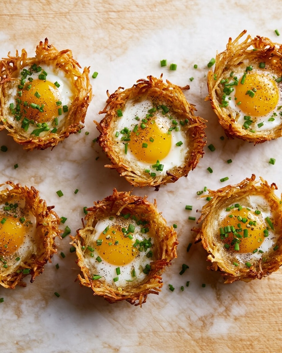 Six egg nests are arranged on a white marbled textured surface, each made of a golden-brown crispy outer layer of shredded fried potatoes forming a round basket shape. Inside each nest is a smooth, white cooked egg white topped with a bright yellow yolk in the center. The eggs are sprinkled with small pieces of chopped green chives and a dusting of black pepper, creating bright green and dark specks on the white egg surface. The textures show a contrast between the crunchy potato edges and the soft eggs inside, with some potato strands sticking out irregularly. Photo taken with an iphone --ar 4:5 --v 7