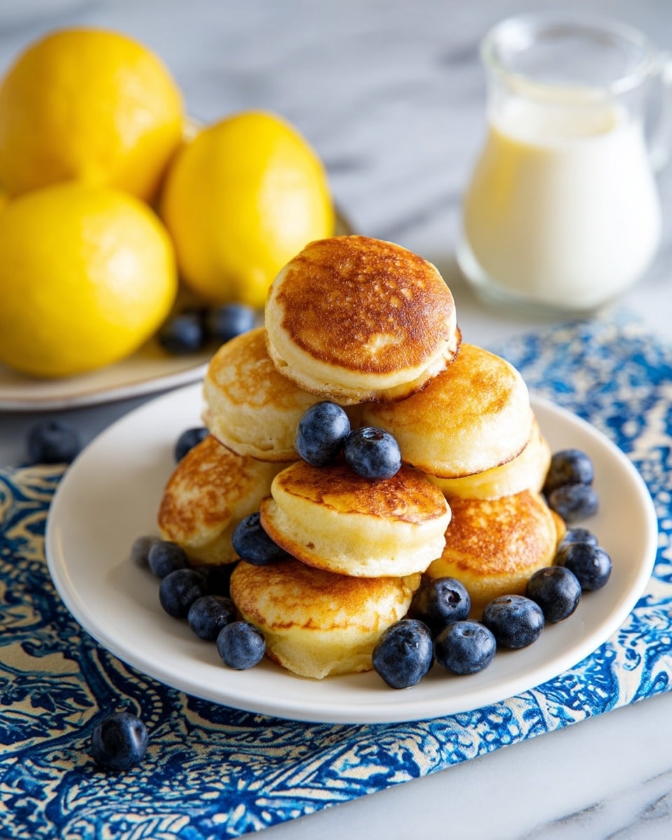 A white plate holds a pyramid stack of small, round golden-brown pancakes with a slightly crispy texture on the outside. Scattered among and around the pancakes are fresh, plump blueberries which add a dark blue contrast to the warm colors of the pancakes. In the background, there is a glass pitcher of white cream or milk and a few yellow lemons, with one lemon cut in half showing its juicy inside. The dish is set on a white marbled surface with a blue patterned cloth partially visible beneath the plate. photo taken with an iphone --ar 4:5 --v 7