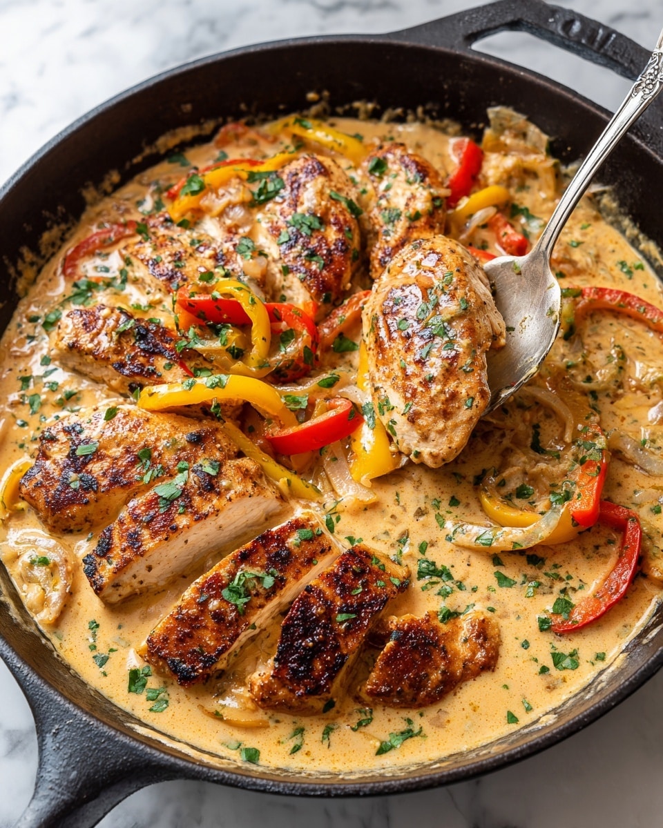 The image shows multiple pieces of golden-brown cooked chicken breasts layered mostly flat, each piece covered in a creamy light tan sauce with visible black pepper and small chunks of onion. Interspersed among the chicken are curved slices of bright red bell peppers and round slices of pale yellow banana peppers, which add color contrast. The sauce surrounds everything, giving it a rich, smooth texture. The background is a white marbled surface. photo taken with an iphone --ar 4:5 --v 7