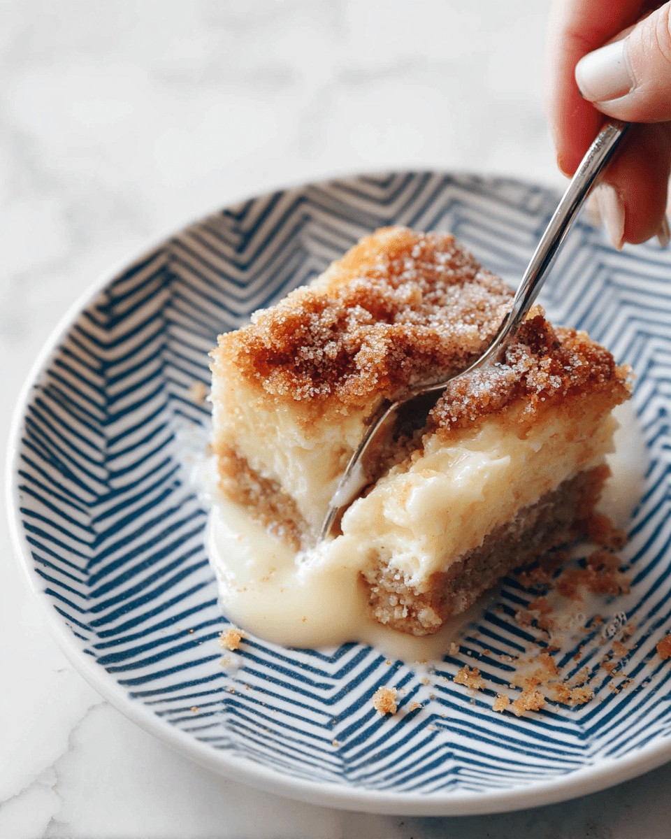 A close-up of a soft, square piece of dessert with three main layers: a golden brown crumbly top with sprinkled sugar, a creamy, smooth off-white middle layer that looks like a sauce or custard, and a dense, moist light brown bottom layer. The dessert is on a white plate with a blue zigzag pattern, with some crumbs scattered around. A silver fork is cutting into the dessert, held by a woman's hand visible at the bottom of the image. The background is a white marbled texture. photo taken with an iphone --ar 4:5 --v 7