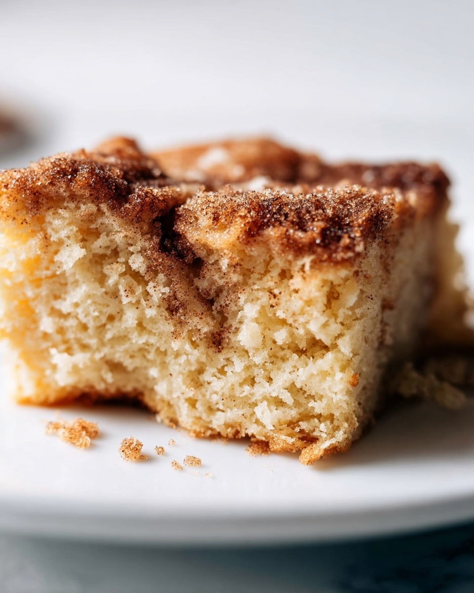 A close-up view of a single square piece of soft, moist cake with a light beige interior that looks fluffy and crumbly. The top layer is a golden brown mix of sugar and cinnamon, slightly crunchy with a grainy texture. The cake sits on a clean white plate that rests on a white marbled surface, with some small crumbs scattered around. The focus is on the front edge of the cake, showing the details of the crumb and textured topping. photo taken with an iphone --ar 4:5 --v 7