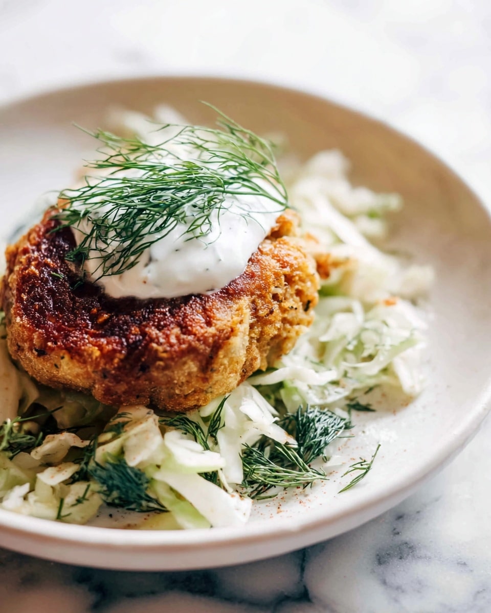 A crispy golden-brown patty with a slightly rough texture sits on the left side of a white plate, topped with a smooth dollop of white creamy sauce and a small bunch of fresh green dill sprigs. Beneath and around the patty, there is a layer of finely shredded pale green cabbage mixed with dark green herbs, adding a fresh, textured contrast. The plate rests on a white marbled surface. photo taken with an iphone --ar 4:5 --v 7