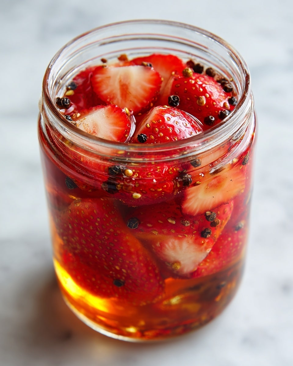 A clear glass jar filled with bright red strawberry halves floating in a deep amber liquid, mixed with small round black peppercorns scattered throughout. The strawberries are glossy and fresh, layered just beneath the jar’s rim, with some submerged below in the liquid. The jar sits on a white marbled surface, giving a clean and bright background. photo taken with an iphone --ar 4:5 --v 7