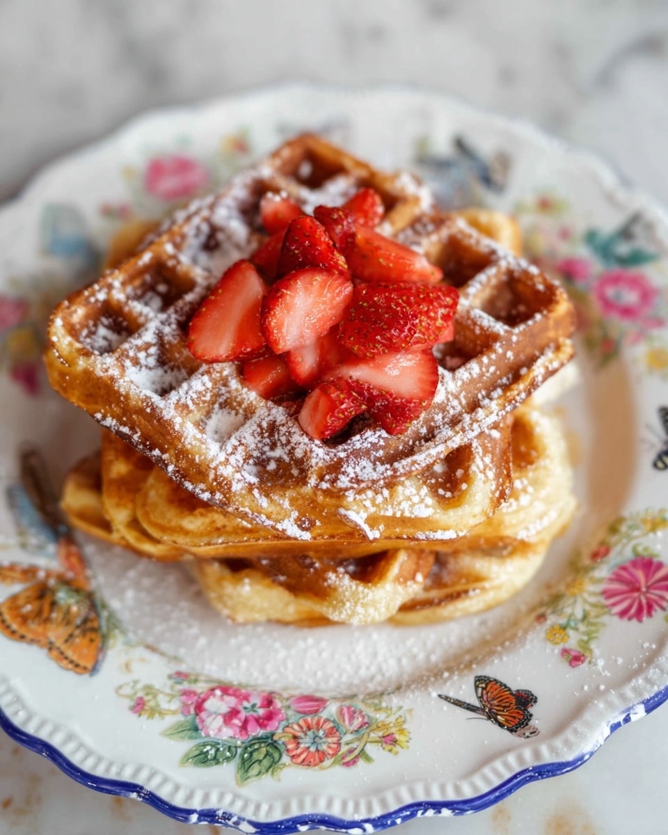 A stack of three golden brown waffles with a crispy texture is centered on a white plate with colorful butterfly and flower patterns and a blue scalloped edge. On top of the waffles is a small pile of fresh, bright red strawberry pieces. The waffles are dusted lightly with powdered sugar that adds a soft, white contrast to the warm tones. The plate rests on a white marbled surface, which provides a clean, elegant background. photo taken with an iphone --ar 4:5 --v 7