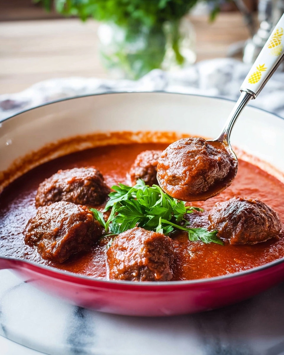A white pan with a red outside edge holds four browned meatballs sitting in a deep red, smooth tomato sauce. The meatballs are placed in a loose cluster with a small bunch of bright green parsley leaves in the center. A spoon with a white handle decorated with yellow pineapples rests inside the pan, lifting one meatball out of the sauce. The scene is set on a white marbled surface with some blurred greenery in the background. photo taken with an iphone --ar 4:5 --v 7