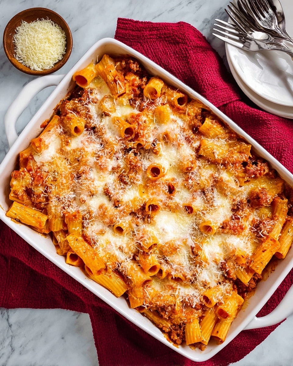 The image shows a rectangular white baking dish filled with baked rigatoni pasta. The dish has three main layers: the bottom layer is pasta mixed with a red tomato-based sauce containing ground meat, visible through some gaps; the middle layer is a melted, creamy white cheese partially covering the pasta; the top layer features a sprinkle of finely grated golden-yellow cheese spread unevenly over the baked pasta tubes. The rigatoni pieces are slightly browned and crispy on the edges. The dish rests on a red cloth on a white marbled surface, with a small white plate nearby holding three silver forks. A small brown bowl of extra grated cheese sits near the upper left corner of the image. Photo taken with an iphone --ar 4:5 --v 7
