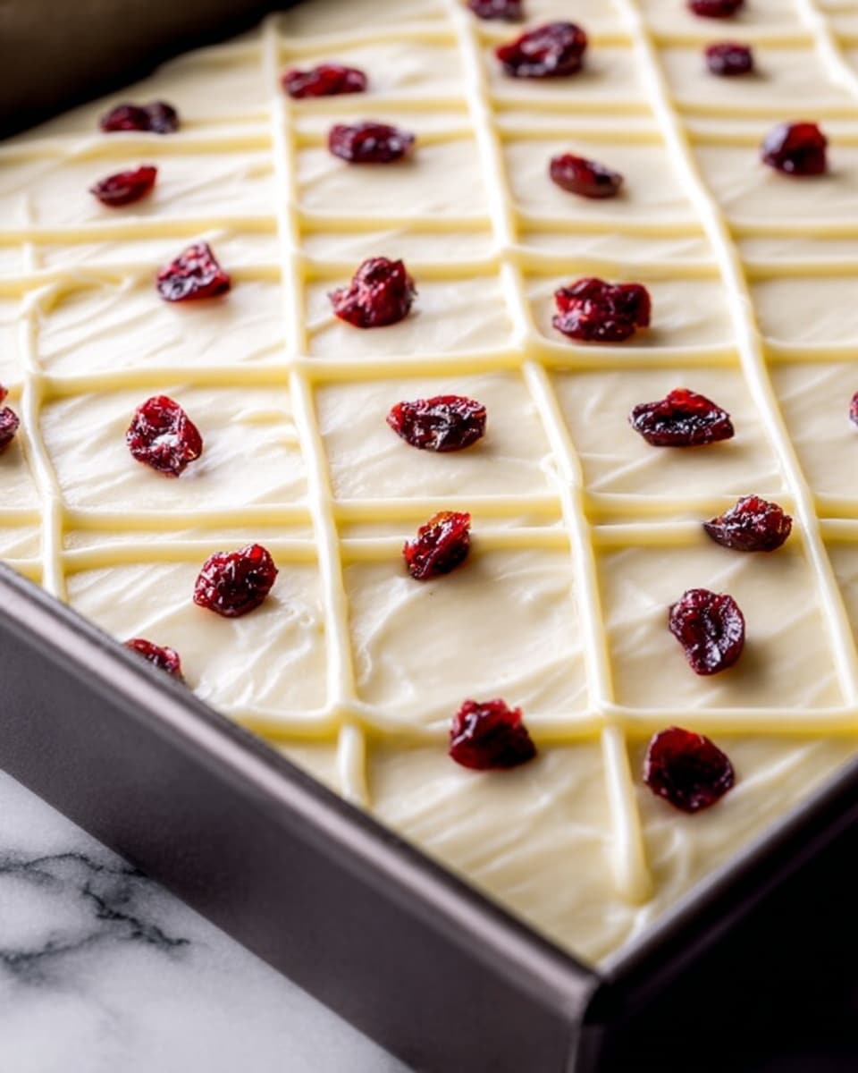 A close-up view of a rectangular cake in a dark metal pan, showing a thick, smooth layer of white frosting spread evenly over the top. The frosting is decorated with small, scattered dark red dried cranberries, while thin lines of a pale yellow drizzle form a crisscross diamond pattern across the surface. The edge of the frosting is slightly uneven on the near side, with some frosting softly spilling over the edge of the pan. The pan is placed on a white marbled surface. photo taken with an iphone --ar 4:5 --v 7