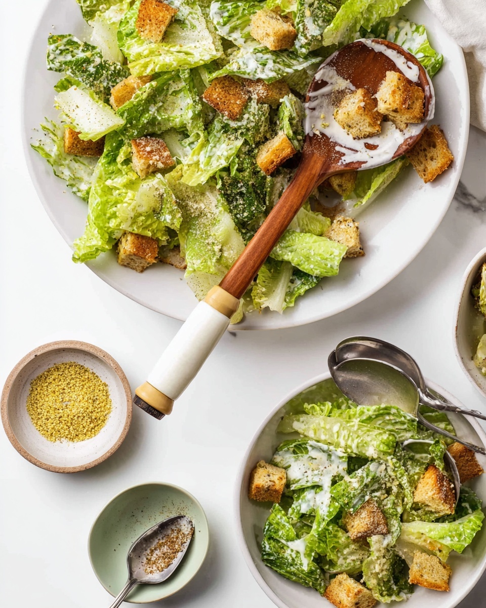 A large white plate holds a Caesar salad with green romaine lettuce leaves spread out unevenly as the base layer, topped with toasted golden brown croutons scattered across. On top, a wooden serving spoon with a cream and mustard-colored handle rests, coated with swirls of creamy salad dressing that also lightly covers some lettuce leaves. Nearby, a smaller white bowl contains a similar salad portion showing the green leaves and croutons with a sprinkling of yellowish seasoning. Next to it, there is a small empty pale green bowl with brown seasoning remnants inside and a silver spoon laid in it. A small white bowl filled with coarse yellow seasoning is also visible on a white marbled surface. Photo taken with an iphone --ar 4:5 --v 7