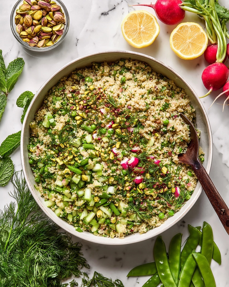 A large white bowl holds a salad mixed with three main visible layers: shredded light green leafy vegetables on the bottom, topped with a layer of finely chopped green onions and scattered bright red pomegranate seeds, and finished with a sprinkle of crushed nuts that add a rough texture on top. The salad fills most of the bowl, and to the right, there are two metal spoons resting inside the bowl on a white marbled surface. Photo taken with an iphone --ar 4:5 --v 7