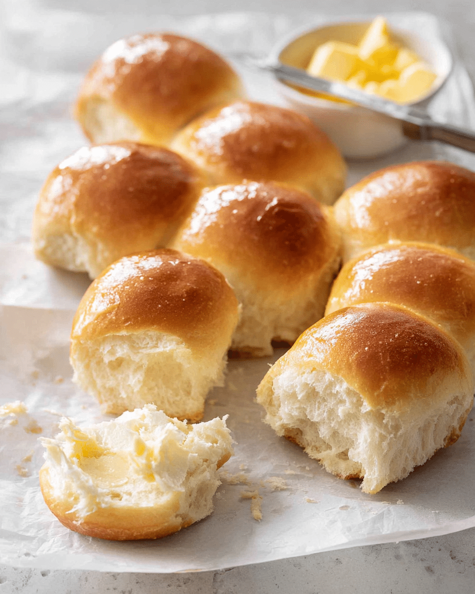 A group of golden-brown soft bread rolls with a shiny top are placed closely together on a white marbled surface covered with white parchment paper, with one roll torn open at the front showing its fluffy white inside and a creamy spread applied. Some crumbs are visible around the torn roll, and behind the rolls, there is a small white bowl filled with yellow butter and a butter knife resting on the surface. The light reflects softly on the smooth, puffy texture of the bread rolls. photo taken with an iphone --ar 4:5 --v 7
