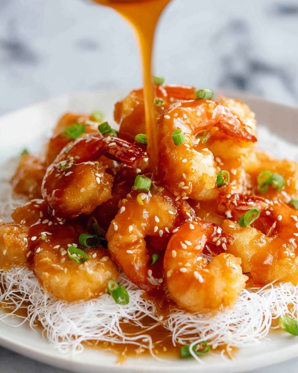 The image shows a white plate with a pile of golden-brown fried shrimp placed on a bed of white crispy noodles. The shrimp are covered in a shiny, thick orange glaze being poured over them from above. Scattered green chopped spring onions and small white sesame seeds are sprinkled on top, adding color and texture. The shrimp tails are visible with a slightly reddish hue, and the glaze gives the dish a glossy appearance. The background is a white marbled texture. photo taken with an iphone --ar 4:5 --v 7