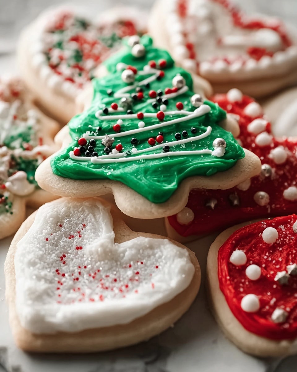 A close-up view of several Christmas-themed sugar cookies stacked together on a white marbled surface, each with two main layers: the soft, light beige cookie base and a thick layer of colorful icing on top; one shaped like a Christmas tree with smooth, bright green icing, decorated with small red, white, black, and metallic round sprinkles and thin white icing lines, another heart-shaped cookie with smooth white icing sprinkled with tiny red and white beads, a third heart-shaped cookie with white textured icing topped with small silver star and green sugar sprinkles, and a partly visible cookie with bright red icing and small white sugar balls. The textures range from smooth to slightly rough with detailed decoration. photo taken with an iphone --ar 4:5 --v 7