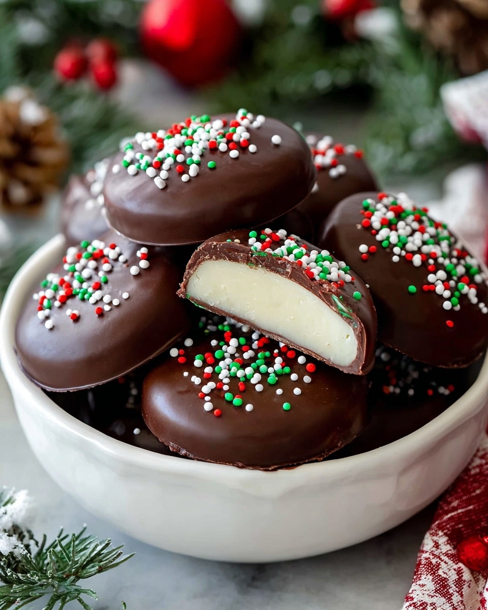 The image shows several thick, round chocolate-covered mints in a white bowl. Each piece is fully coated in shiny dark chocolate with small, round sprinkles in red, green, and white scattered on top. One piece is cut in half, revealing a smooth, creamy white mint layer inside beneath the glossy chocolate shell. The bowl rests on a white marbled surface with some out-of-focus greenery and holiday decorations in the background, creating a festive feel. photo taken with an iphone --ar 4:5 --v 7