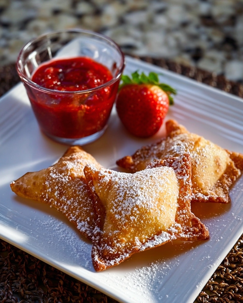 A white plate holds three golden-brown, crispy fried pastries dusted lightly with powdered sugar, arranged in a triangular shape. Next to them is a small clear glass cup filled with bright red chunky strawberry sauce, with one whole fresh strawberry resting beside it. The plate sits on a white marbled surface, with soft natural light enhancing the warm colors. Photo taken with an iphone --ar 4:5 --v 7