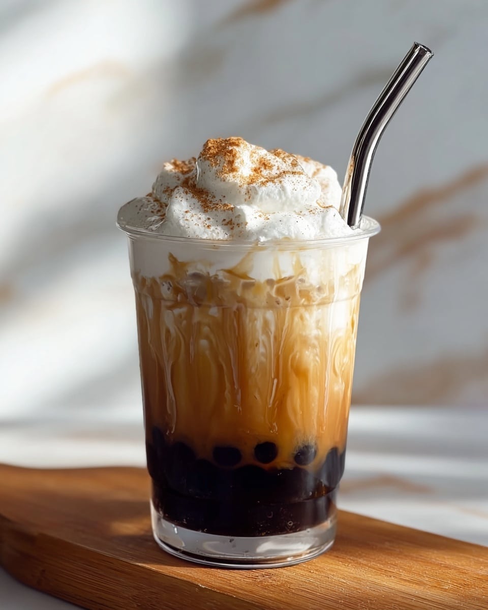 A clear plastic cup filled with three visible layers starts with dark black tapioca pearls at the bottom, followed by a creamy caramel-colored milk tea in the middle with light streaks running down the sides, and topped with a fluffy white whipped cream layer sprinkled with light brown powder, a metal straw inserted on the right side; the cup sits on a wooden board against a white marbled background. photo taken with an iphone --ar 4:5 --v 7