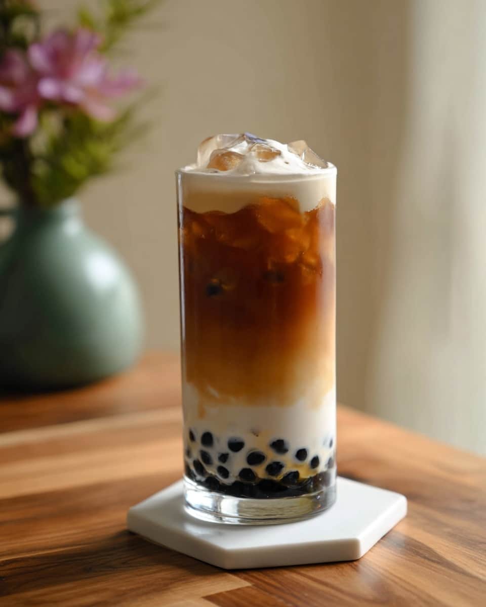 A tall clear glass filled with four visible layers, starting from the bottom with small black tapioca pearls gathering against the base, followed by a thick creamy white milk layer, then a dark brown layer of tea mixing gently with the milk, topped with a layer of white frothy cream with more black tapioca pearls resting on top. The glass sits on a white hexagonal coaster, placed on a wooden table with a blurred light beige background and a green vase with pink flowers partially visible at the edge. Photo taken with an iphone --ar 4:5 --v 7