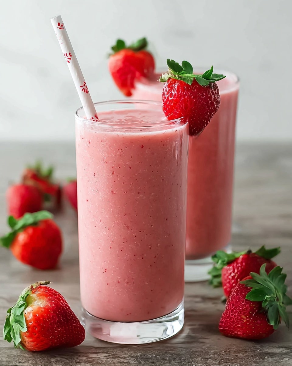 Two tall clear glasses filled with a pink strawberry smoothie showing a slightly thick, smooth texture with tiny visible seeds. Each glass is topped with a fresh whole strawberry with green leaves, one with a white straw that has small red patterns. The glasses are placed on a white marbled textured surface with fresh whole strawberries and one strawberry cut in half, showing its red inside and green leaves, scattered around. The background is softly blurred, focusing attention on the vibrant smoothies. photo taken with an iphone --ar 4:5 --v 7