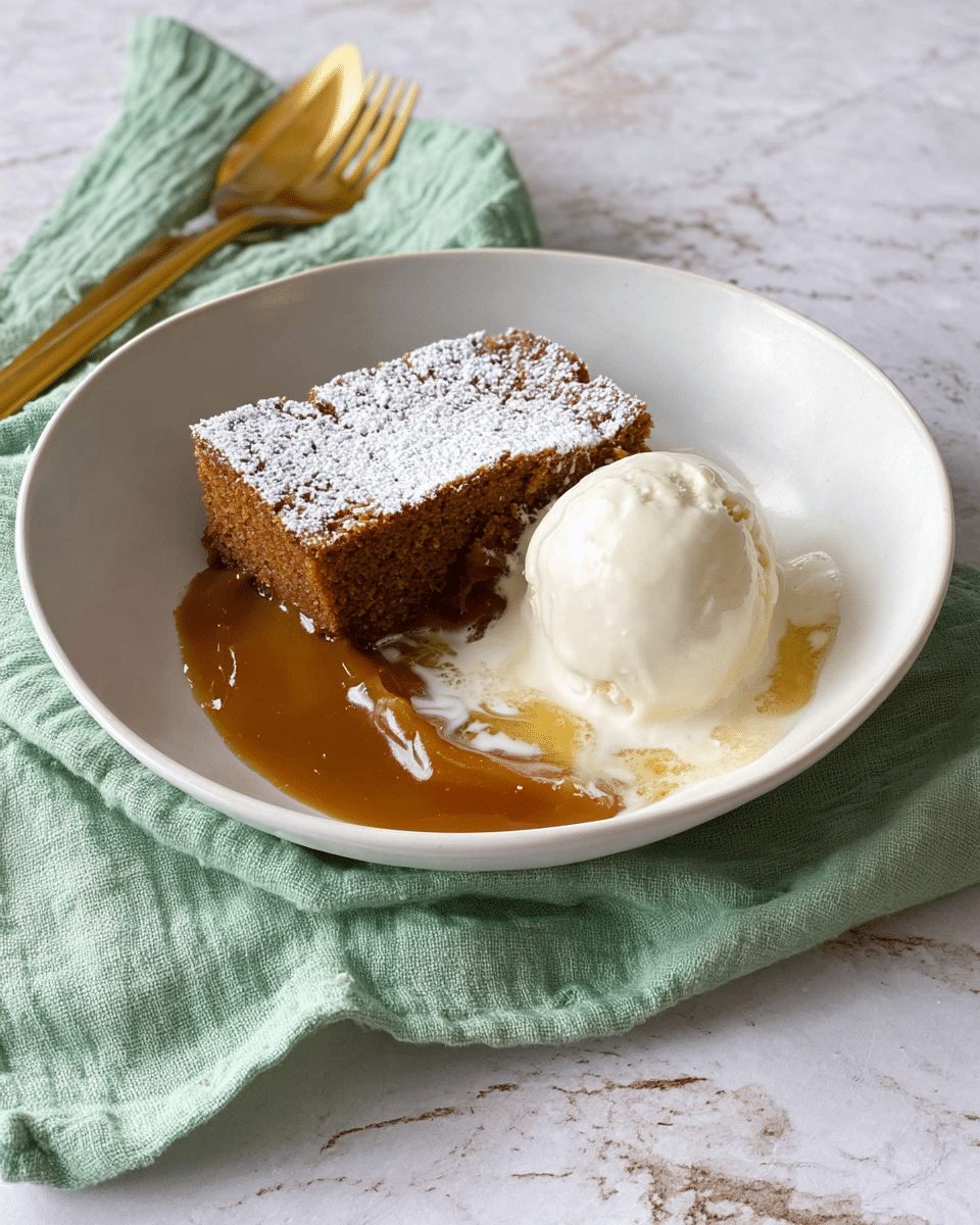 A white bowl contains a dessert with three main parts: a thick slice of brown cake dusted with white powdered sugar on top, a smooth golden-brown caramel-like sauce spreading beneath the cake on the left side, and a rounded scoop of creamy white ice cream on the right side with some melted ice cream pooling under it. The bowl is placed on a light green cloth that rests on a white marbled textured surface. Next to the bowl are gold-colored fork and spoon. Photo taken with an iphone --ar 4:5 --v 7