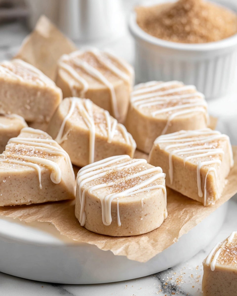 The image shows several small square pieces of light beige fudge with a soft texture, arranged neatly on parchment paper over a white marbled surface. Each fudge piece has thin, diagonal white icing stripes drizzled on top in a smooth, flowing pattern. A close-up of a piping bag held by a woman's hand is in the top left corner, applying the icing in neat lines over one piece of fudge. The fudge squares have clean edges and a slightly crumbly surface, creating a simple but elegant look. Photo taken with an iphone --ar 4:5 --v 7