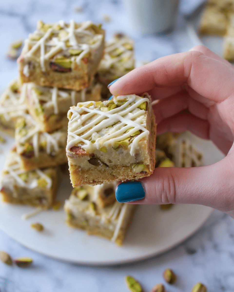 A woman's hand with light skin and blue painted nails holds a square, two-layer dessert bar in the foreground. The bottom layer is thick, beige, and nut-studded with visible pieces of green pistachio and light brown nuts. The top layer is a thin white drizzle applied in a diagonal grid pattern. In the background, more of these square dessert bars are stacked on a white plate, also showing the beige nutty layer and white drizzle on top. The surface underneath is a white marbled texture with some scattered pistachio nuts. Photo taken with an iphone --ar 4:5 --v 7