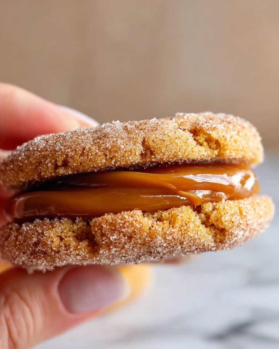 The image shows a close-up of a single sandwich cookie held by a woman's hand, focusing on the side view of the treat. The sandwich has two thick, round, golden-brown cookie layers coated with sugar and cinnamon, giving them a slightly rough and grainy texture. Between these cookie layers is a thick, smooth caramel filling, shiny and rich in amber color, with a slightly glossy surface that contrasts with the matte cookie layers. The background is softly blurred with neutral colors, and the surface beneath is a white marbled texture. photo taken with an iphone --ar 4:5 --v 7