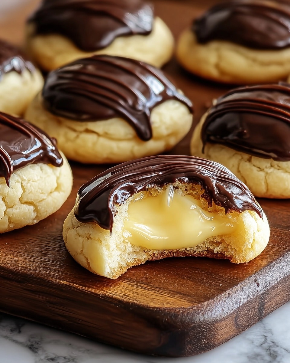 The image shows round cookies with soft, cracked pale yellow dough as the first layer, topped with smooth, glossy dark chocolate that slightly drips down the sides as the second layer. One cookie in the front has a bite taken out of it, revealing a creamy, shiny pale yellow filling inside as the third layer. The cookies are arranged on a dark wooden board set on a white marbled surface texture. The lighting highlights the shiny texture of the chocolate and filling, making the cookies look fresh and delicious. Photo taken with an iphone --ar 4:5 --v 7