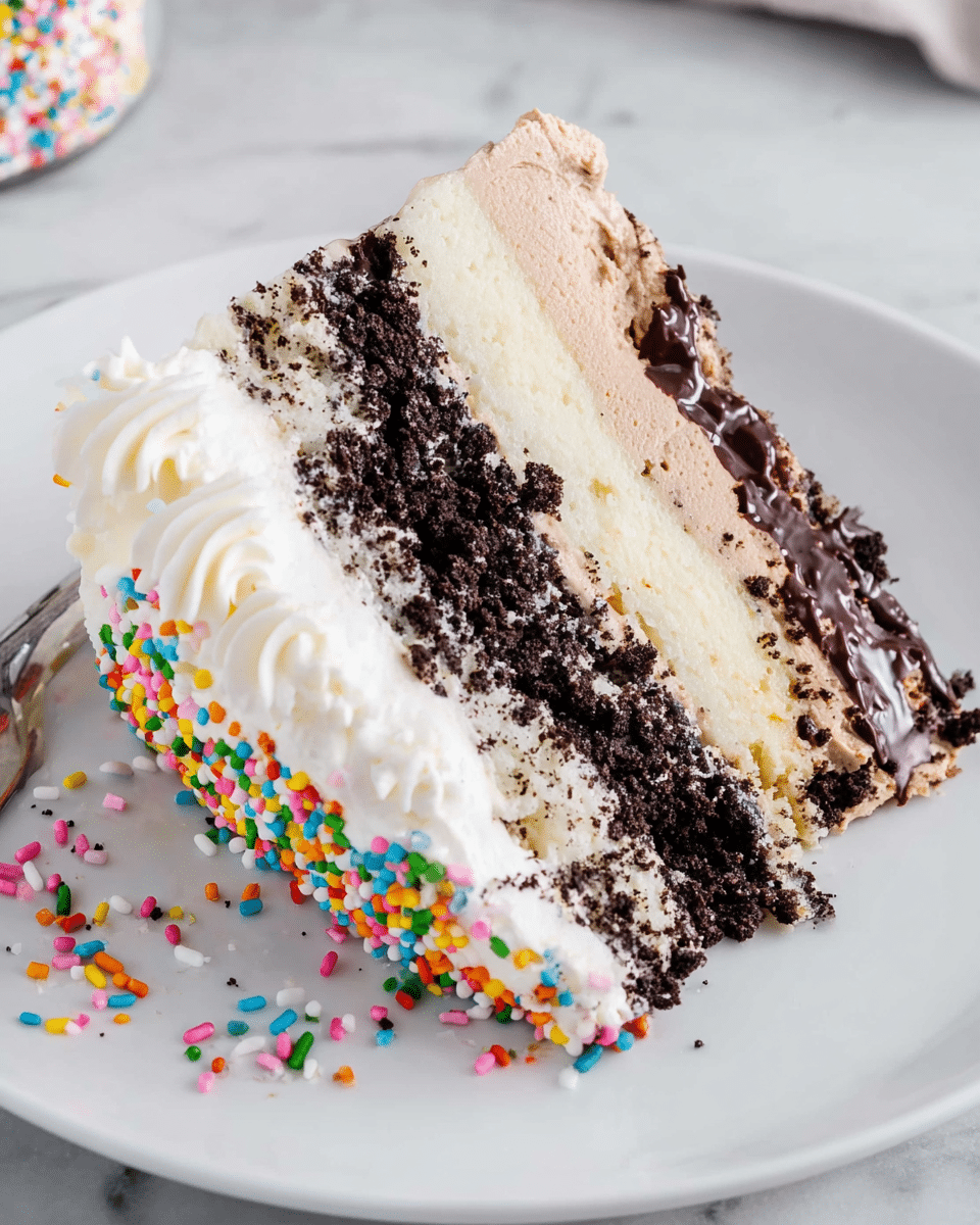 A slice of three-layer cake is on a white plate placed on a white marbled surface. The bottom layer is smooth and white, likely vanilla or cream, covered with colorful round sprinkles on the side. The middle layer is dark and crumbly, resembling crushed chocolate cookies, with some glossy melted chocolate running through it. The top layer is creamy and light brown, resembling chocolate mousse or ice cream, with a soft, slightly shiny texture. There are piped swirls of white cream on one side of the slice, adding a fluffy look. Scattered colorful sprinkles are around the plate on the surface. photo taken with an iphone --ar 4:5 --v 7