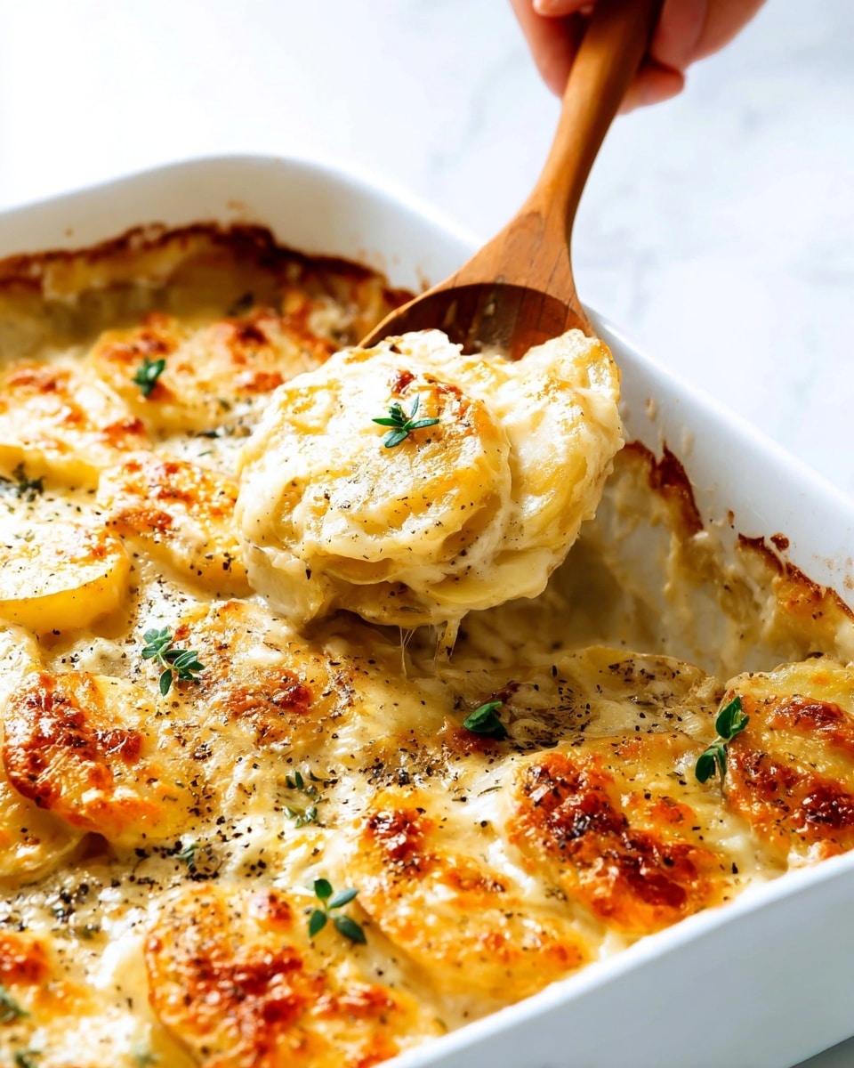 A close-up view of a white rectangular baking dish filled with creamy potato gratin. The dish has several layers of thin, round potato slices visible, covered in a rich, melted cheese that is golden brown with some crispy, slightly darker spots. Small green herb leaves are scattered on top, along with a light sprinkle of cracked black pepper. A woman's hand holding a wooden spoon is scooping a portion from the corner, revealing the smooth, creamy texture inside and the layered potatoes underneath. The dish rests on a white marbled surface. photo taken with an iphone --ar 4:5 --v 7