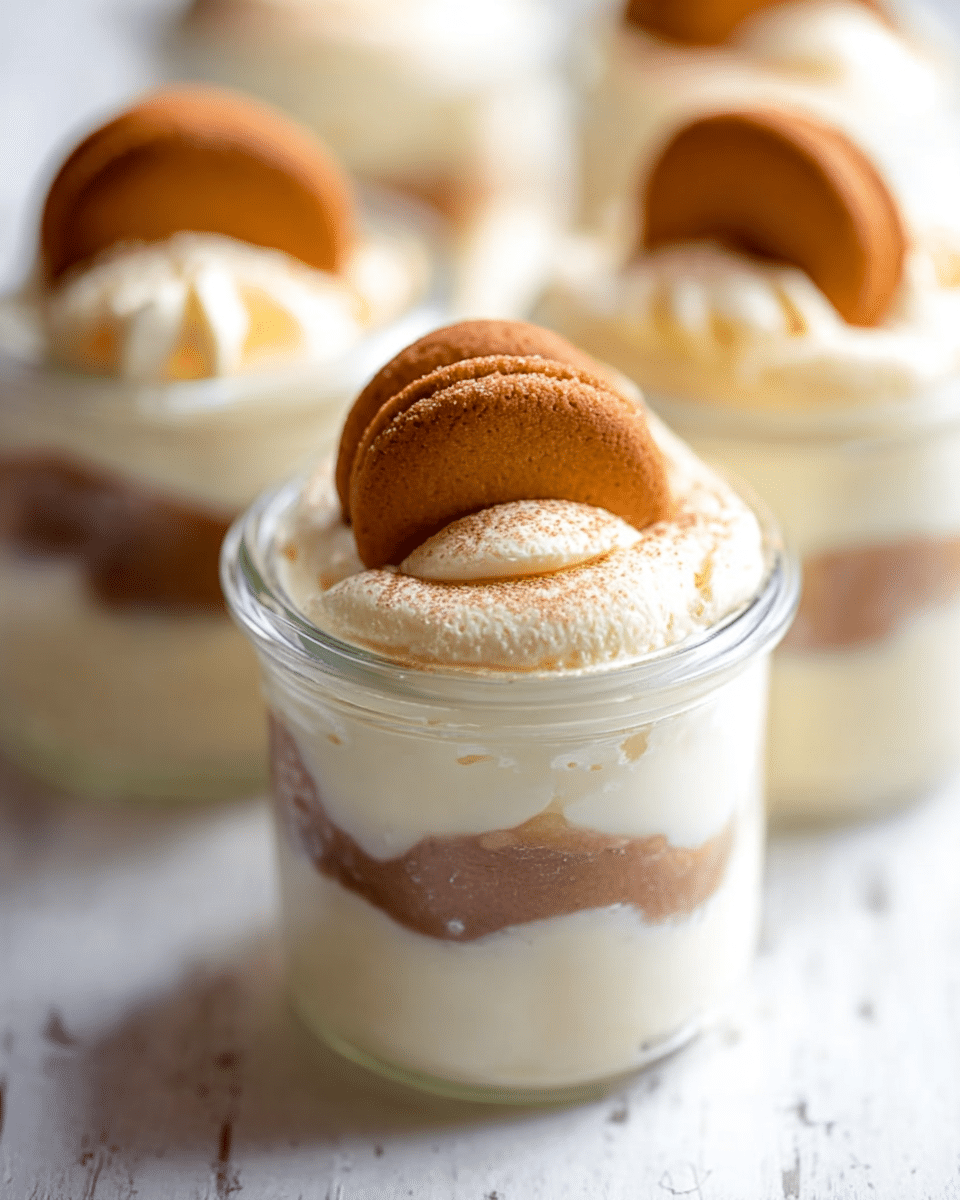 The image shows small clear glass jars filled with a dessert in three layers. The bottom layer is creamy and white, followed by a middle layer of light brown pudding, then another thick layer of the same creamy white mixture on top. Each jar is garnished with two round, golden-brown cookies standing upright in the white cream. The jars are placed on a white marbled surface, and the photo is focused on the front jar, with others blurred in the background. photo taken with an iphone --ar 4:5 --v 7