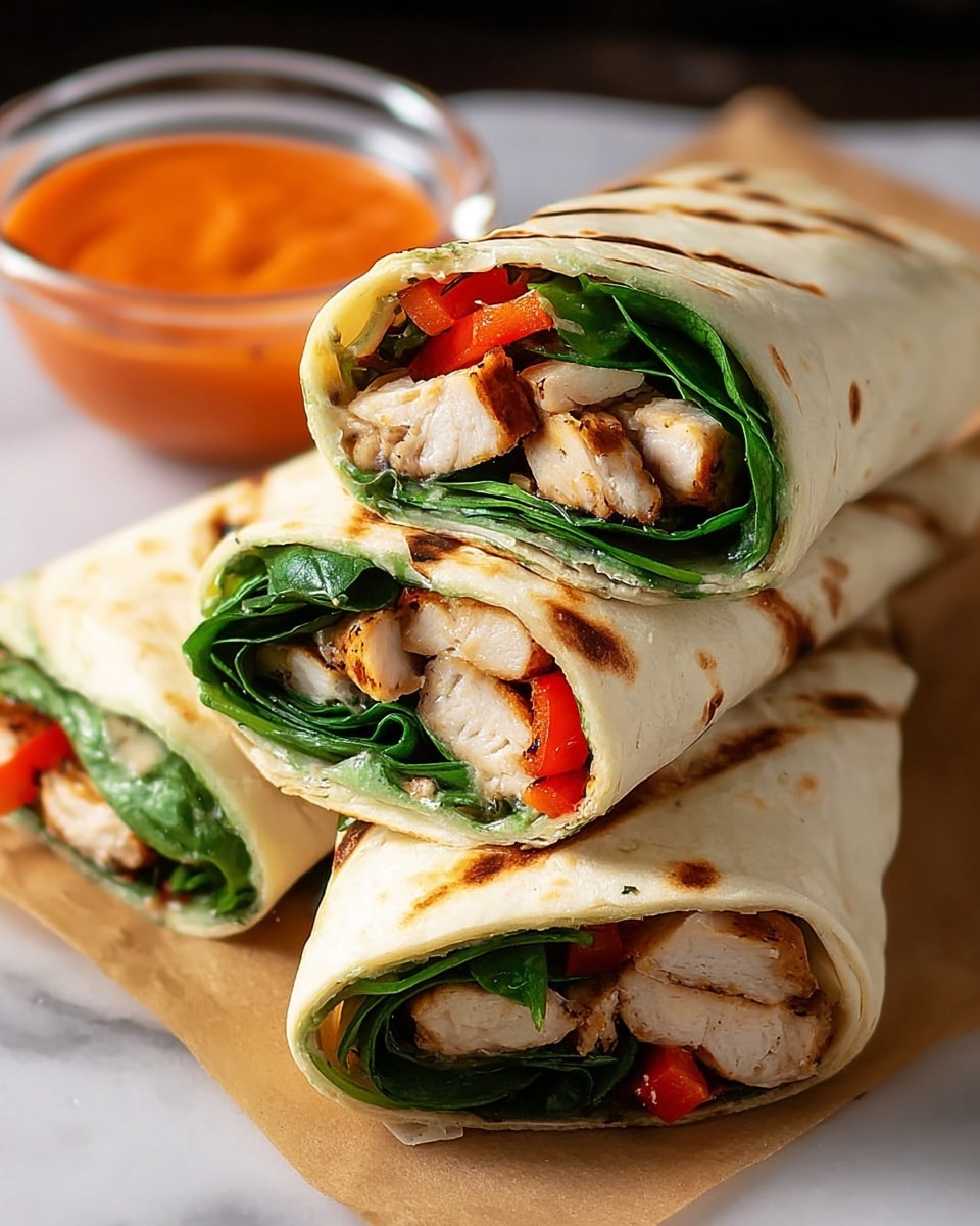 The image shows a close-up of three pieces of wraps stacked in a pyramid shape on a light brown paper. Each wrap has a grilled, slightly toasted white flour tortilla outer layer with light brown spots. Inside, there are fresh dark green spinach leaves folded neatly on the bottom layer, followed by grilled pieces of white chicken with light brown grill marks, and chopped red bell peppers that add a pop of bright red color. Behind the wraps, a small clear glass bowl holding a red-orange sauce is visible. The entire setting is on a white marbled surface. photo taken with an iphone --ar 4:5 --v 7