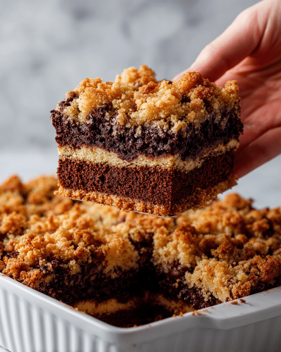 A slice of crumb cake is lifted by a woman's hand over the white baking dish holding the rest of the cake. The cake has two visible layers: the bottom layer is a deep, moist chocolate cake with a rich, slightly glossy texture, and the top layer is a thick, crumbly golden-brown streusel topping, uneven and chunky with bits of darker brown scattered throughout. The slice shows the contrast between the dark, dense cake and the lighter, crunchy crumb layer. The white baking dish is on a surface with a white marbled texture, and remnants of the cake are visible where slices have been removed. Photo taken with an iphone --ar 4:5 --v 7