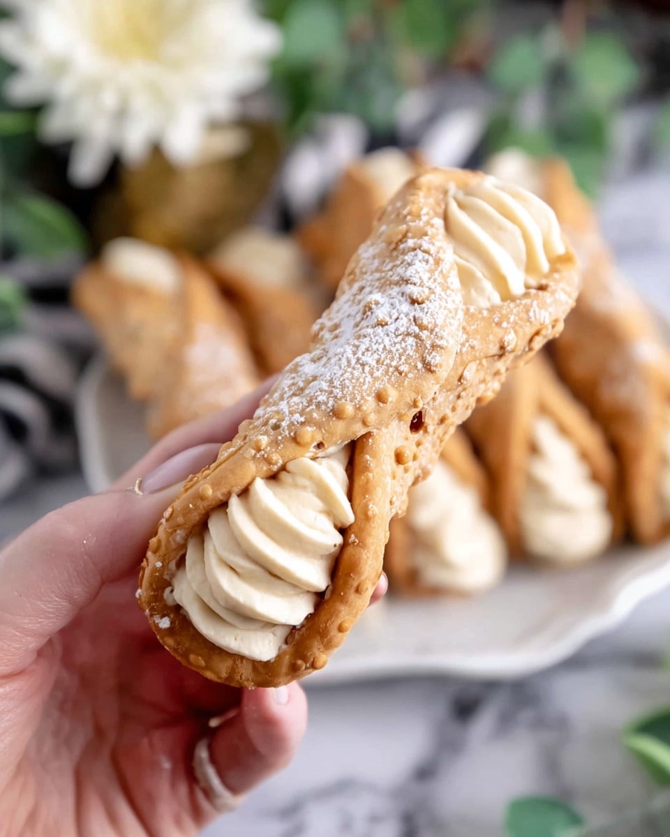A close-up of a golden-brown cannoli being held by a woman's hand. The cannoli shell is crispy and has small holes and a light dusting of powdered sugar on the outside. It is filled with smooth, light tan cream that is thick and slightly textured, piped neatly from each end, showing two rounded cream peaks. The background shows more cannoli resting on a white plate placed on a white marbled surface with blurred green leaves and a white flower in the background. Photo taken with an iphone --ar 4:5 --v 7