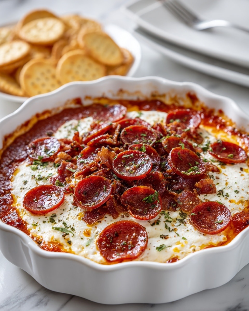 The dish is served in a white, round, scalloped-edge ceramic baking dish. It has three main layers visible: the bottom layer is a rich red tomato sauce, topped by a thick, smooth, white creamy cheese layer. On the top, there are evenly spread dark red pepperoni slices arranged in circular patterns around the edges and scattered in the middle, along with small pieces of crispy brown bacon. The whole dish is sprinkled with green dried herbs and a light dusting of grated cheese or seasoning, adding texture and color contrast. The scene includes some crackers or chips on a white plate in the blurred background, all set on a white marbled surface. Photo taken with an iphone --ar 4:5 --v 7