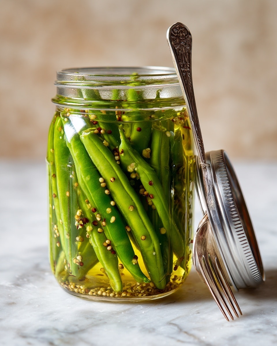 A transparent glass jar filled with bright green beans cut lengthwise, soaked in a clear yellowish pickling liquid with visible mustard seeds floating throughout. The jar is open with a metallic silver lid resting on a white marbled surface next to it. A silver fork with intricate designs leans against the jar on the right side. The background is softly blurred with neutral light brown tones, giving focus to the jar and its contents. Photo taken with an iphone --ar 4:5 --v 7