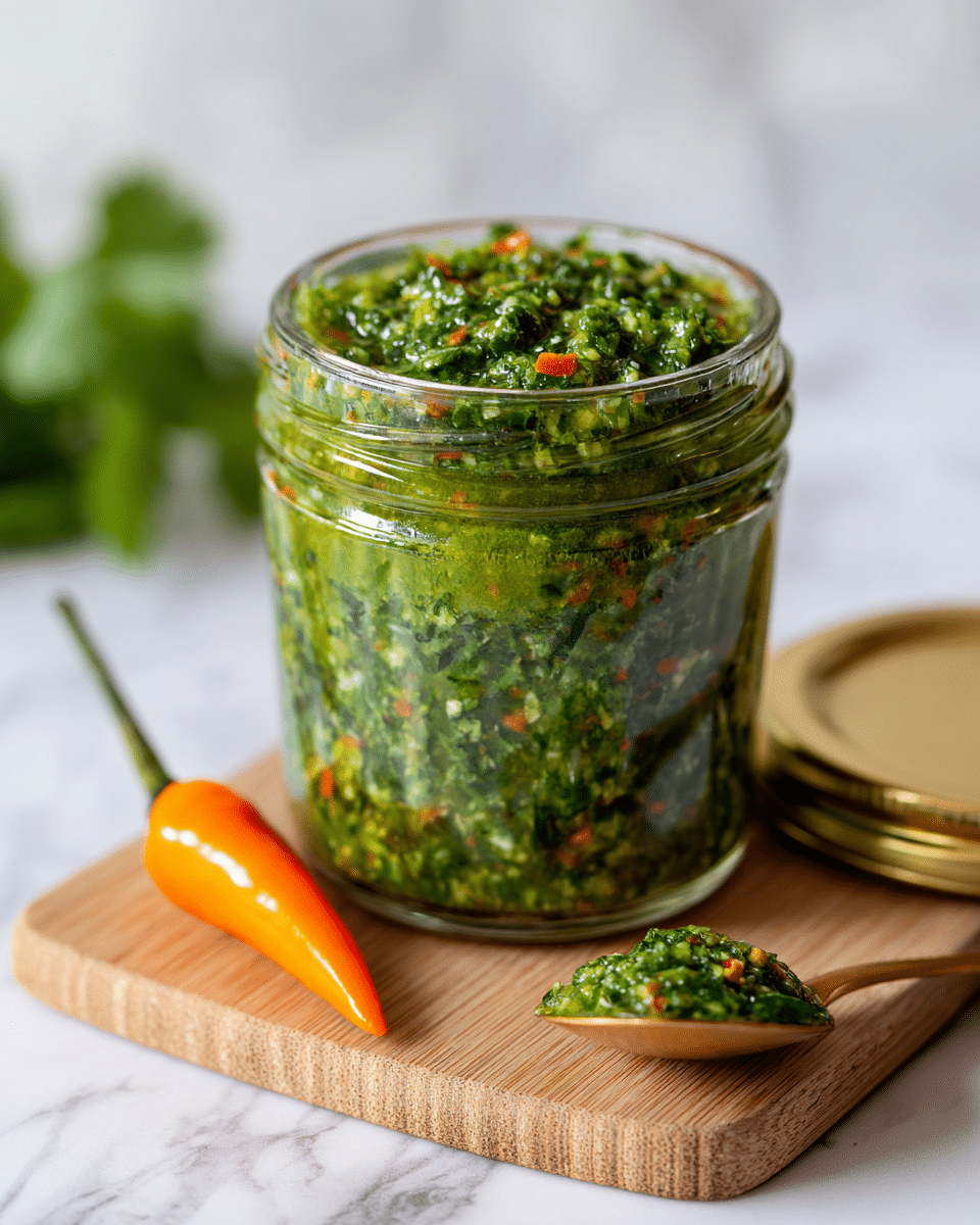 A clear glass jar filled to the top with a bright green sauce that looks finely chopped, showing small bits of red and darker green herbs mixed in. The jar is sitting on a light wooden surface with a gold lid and a spoonful of the sauce resting on the lid next to it. An orange chili pepper is placed near the jar on the wooden surface. The background is a white marbled texture with subtle hints of green herbs blurred in the back. Photo taken with an iphone --ar 4:5 --v 7
