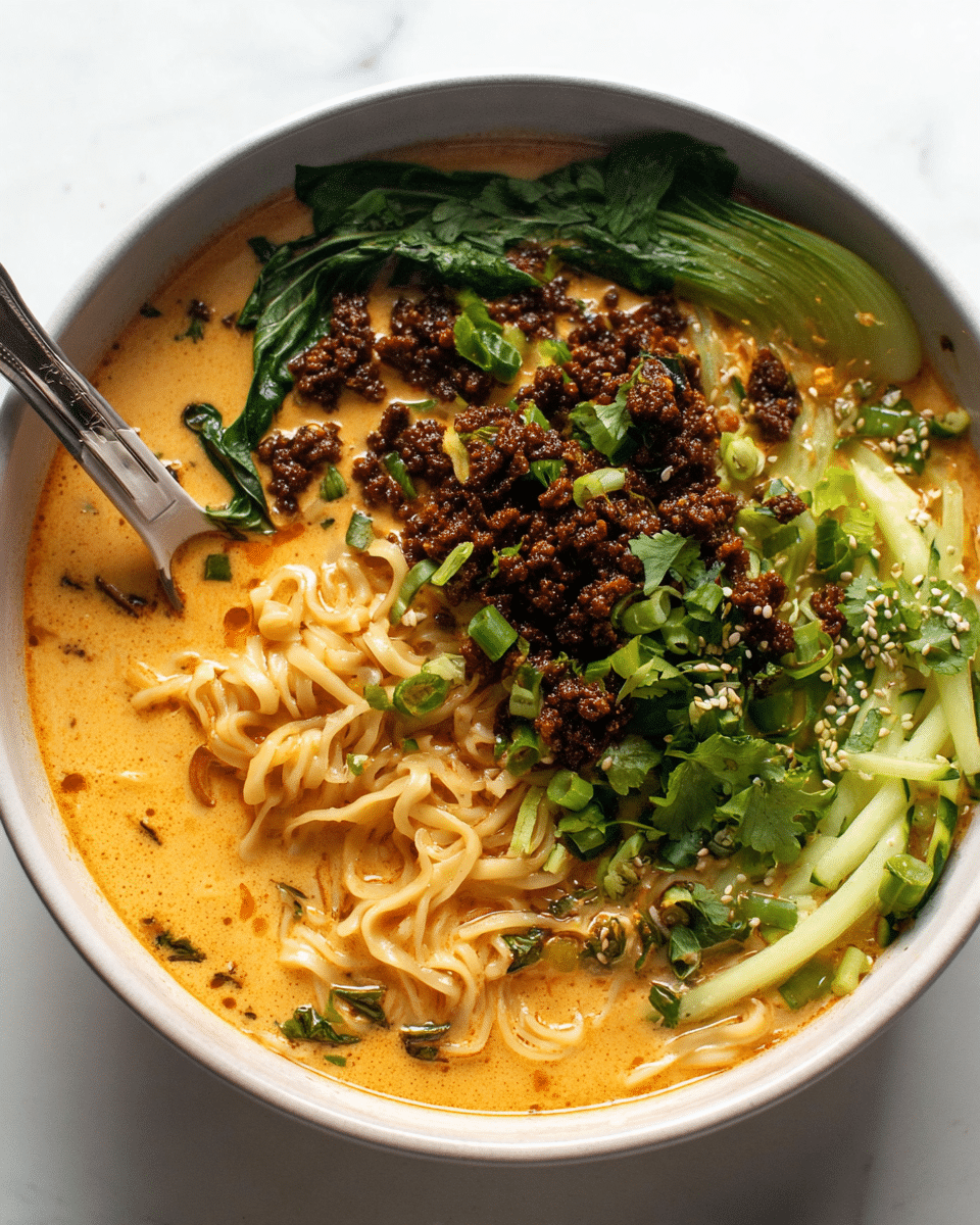 A close-up of a bowl filled with creamy orange broth and soft, pale yellow noodles forming the base layer. On top, there are scattered pieces of dark brown crispy minced meat, bright green chopped scallions, and leafy green herbs adding fresh color. To one side, light green vegetable strips like cucumbers or bok choy add texture, sprinkled with small white sesame seeds. A silver spoon with a white handle dips into the broth, resting near the edge of a white bowl set on a white marbled surface. photo taken with an iphone --ar 4:5 --v 7
