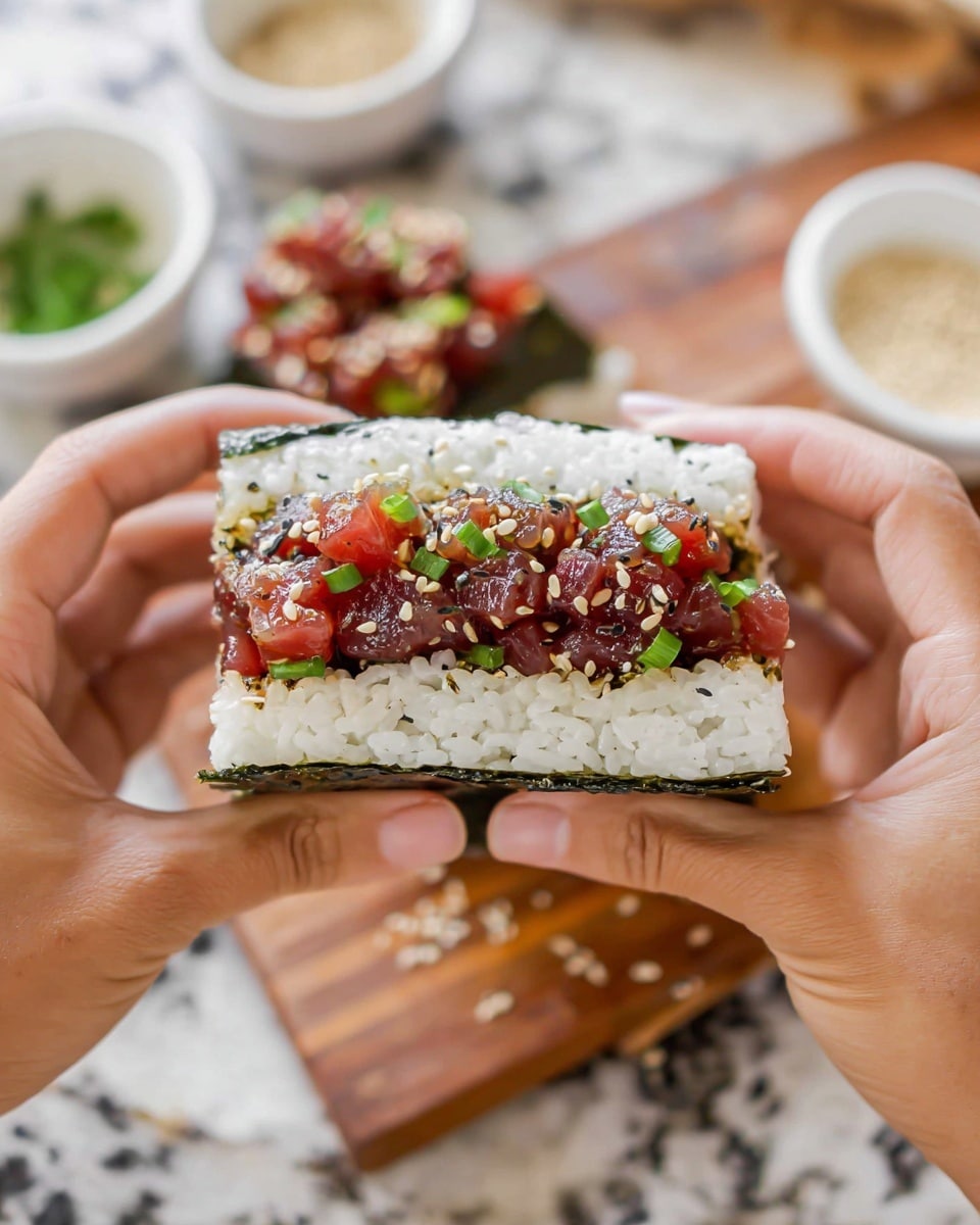 A close-up view of two woman's hands holding a square-shaped sushi sandwich made of three layers: a bottom layer of dark green seaweed, a thick middle layer of white sticky rice mixed with sesame seeds on the outer edges, and a top layer filled with small shiny dark red marinated cubes, likely tuna, mixed with finely chopped green onions. In the blurred background, there are small white bowls, one containing a similar mix of red cubes with green garnishes, and another with sesame seeds, all placed on a brown wooden table with a white marbled surface beneath. photo taken with an iphone --ar 4:5 --v 7
