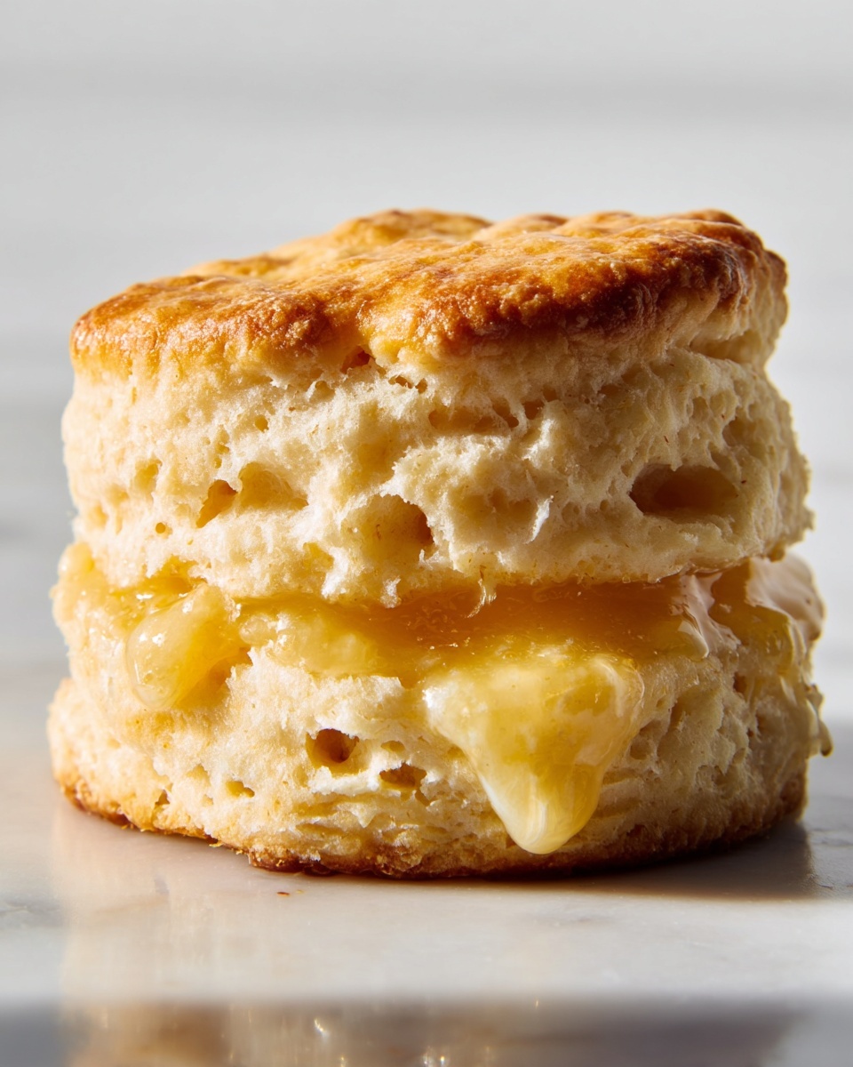 The image shows a thick, round biscuit with two visible layers. The top layer is golden brown with a slightly crispy texture, while the bottom layer is pale and fluffy with a soft, crumbly texture. The biscuit sits on a dark wire rack placed over a white marbled surface. In the background, another biscuit is partially visible along with small white bowls containing orange and dark-colored fruit preserves. Photo taken with an iphone --ar 4:5 --v 7