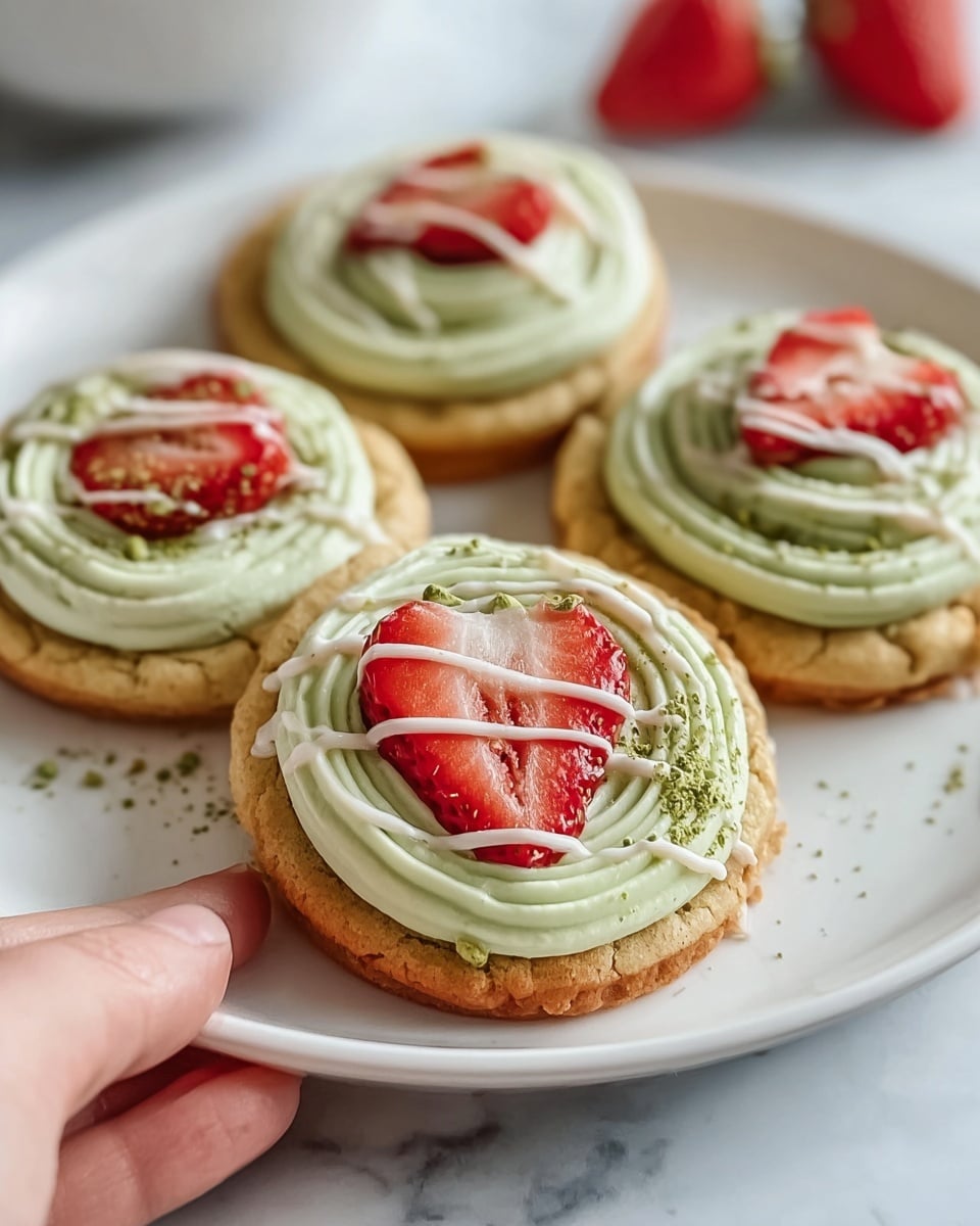The image shows three round cookies on a white plate with a white marbled surface underneath. Each cookie has a light brown base layer with a rough texture, topped with a smooth, thick green layer covering the whole cookie. On top of the green layer, there is a pink icing spiral starting from the center and expanding outward, with a fresh red strawberry half placed in the middle of each cookie. A light dusting of white powdered sugar is scattered over the cookies and the strawberries, adding a soft, snowy detail. The overall look is colorful and fresh. Photo taken with an iphone --ar 4:5 --v 7