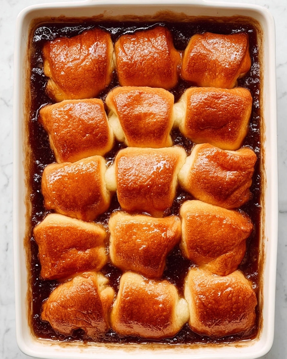 A white baking dish filled with sixteen golden-brown crescent rolls on top, each piece showing a soft yet slightly crispy texture. Beneath the crescent rolls is a dark, sticky syrupy layer that fills the spaces between the rolls, glistening with a rich, caramel-like shine. The dish edges show some baked-on syrup that has thickened during cooking. The rolls are evenly spaced, forming a neat grid pattern, and the overall appearance is warm and inviting, set against a white marbled surface. Photo taken with an iphone --ar 4:5 --v 7