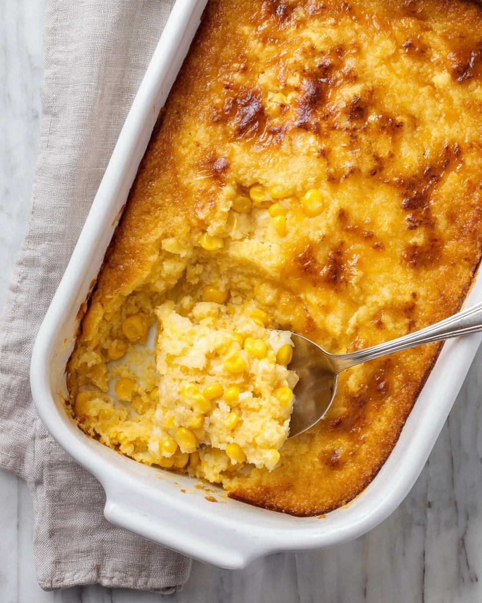 The image shows a white rectangular baking dish filled with baked corn casserole. The top layer is golden brown with melted cheese and a slightly crispy texture. Beneath the top layer is a softer mixture of yellow corn kernels and creamy mashed corn layers. A metal spoon is scooping a portion from the left side, showing the thick, soft, and moist interior with visible corn pieces. The dish is placed on a white marbled surface with a light grey cloth on the upper left side. photo taken with an iphone --ar 4:5 --v 7