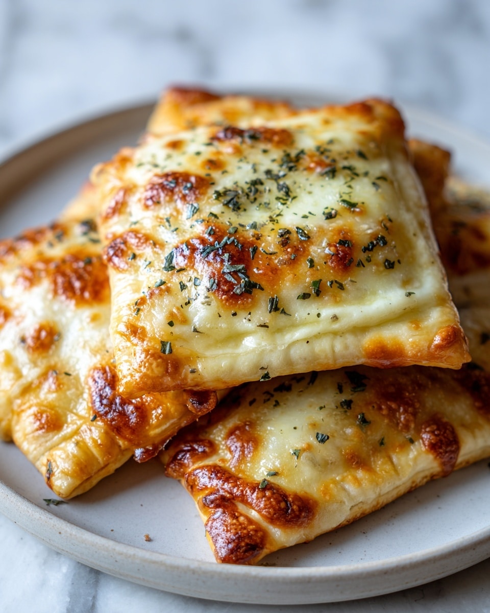 The image shows a stack of five square-shaped, baked pastries on a white plate. Each pastry has golden brown edges with a textured crimped border from being sealed. The top layer of each pastry is covered with melted, bubbly cheese that has light to medium golden spots, sprinkled with dried green herbs. The pastries have a slightly glossy finish from the melted cheese and baked crust. The plate rests on a white marbled surface, and there is a blurred fabric with black spots in the background. photo taken with an iphone --ar 4:5 --v 7