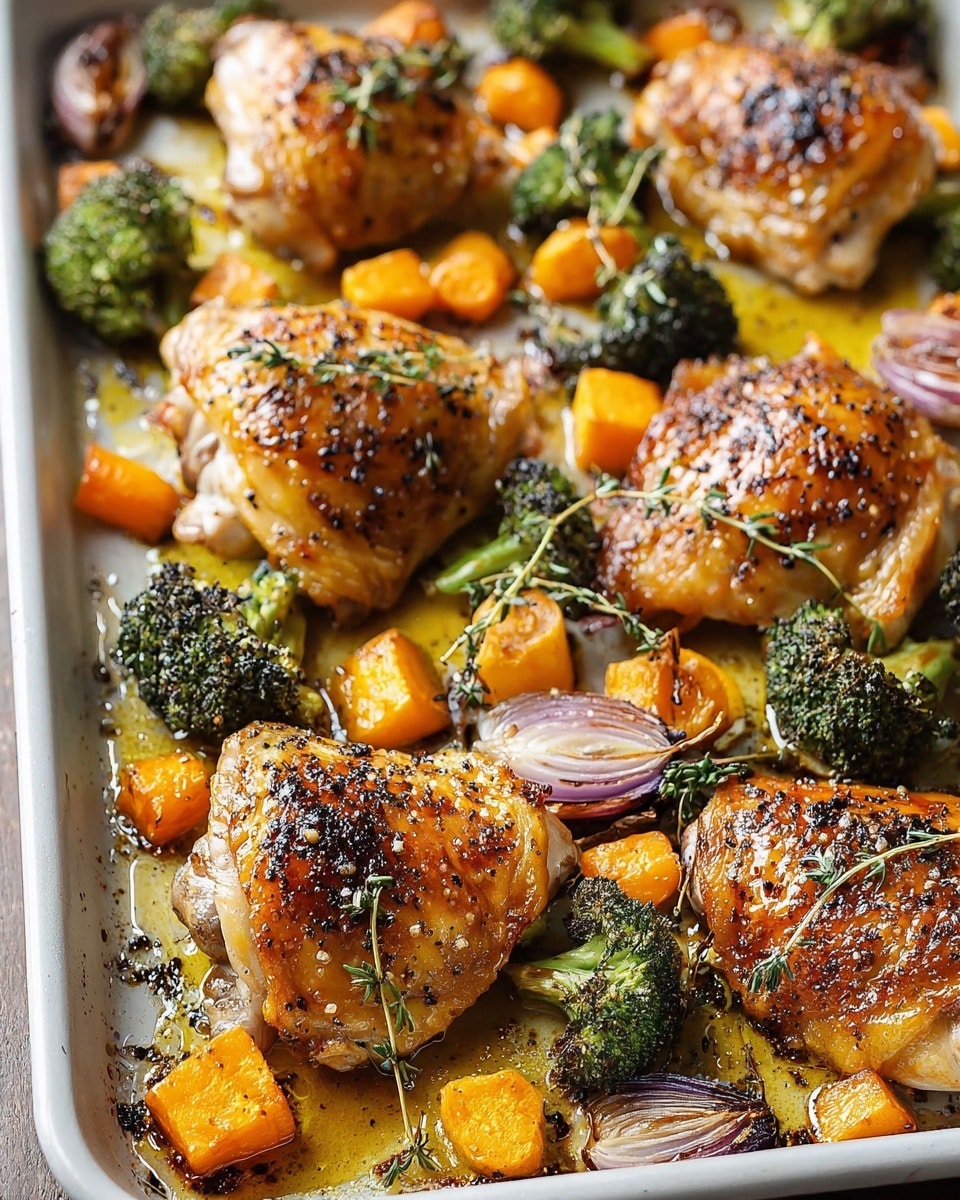 The image shows a baking tray filled with six pieces of roasted chicken thighs that have a crispy, golden-brown skin with a pepper and herb crust. Around the chicken pieces, there are small chunks of yellow-orange roasted squash, light brown roasted shallots, and slices of grilled zucchini with charred marks. Some sprigs of green herbs are scattered on top and between the vegetables, adding a fresh touch. The tray has a slightly oily surface from the roasted juices, and the colors of the food stand out against the metal tray. photo taken with an iphone --ar 4:5 --v 7