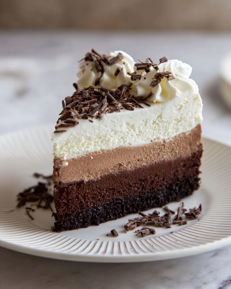 A slice of cake with four distinct layers sits on a white plate with a ridged edge. The bottom layer is a dark brown, almost black, crumbly crust. Above this is a dense, smooth dark chocolate layer, followed by a lighter, fluffy milk chocolate mousse layer. The topmost layer is thick, white cream with soft swirls, crowned with small curled pieces of dark chocolate scattered on top and around the base of the slice. The plate rests on a white marbled surface, softly lit with a shallow depth of field. photo taken with an iphone --ar 4:5 --v 7