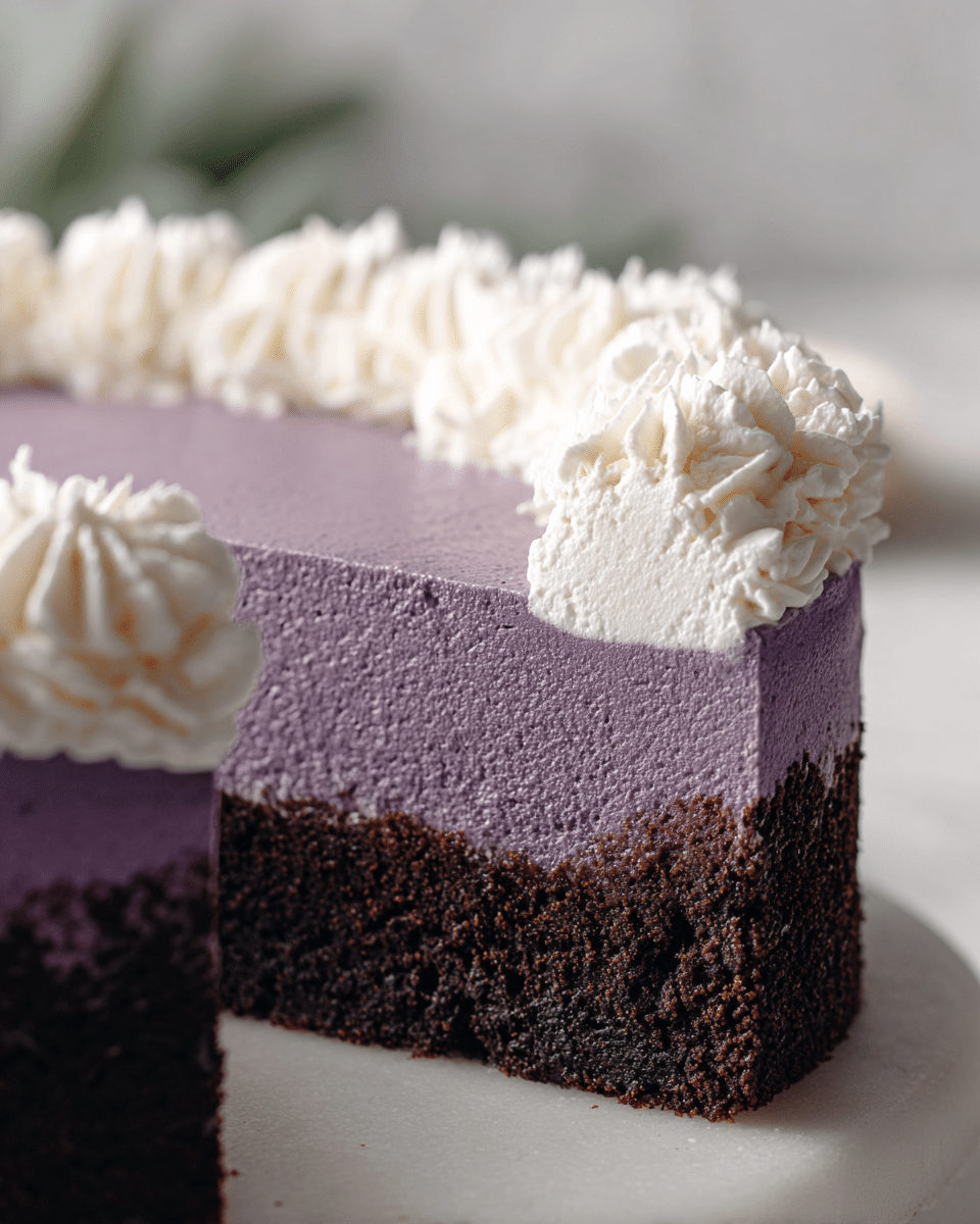 The image shows a close-up of a slice taken from a round cake with two main layers. The bottom layer is dark brown, crumbly, and looks like a cookie or chocolate crust. The top layer is thick, smooth, and purple in color, with a mousse-like texture. Around the top edge of the cake, there is a border of white whipped cream or frosting, piped in soft, fluffy swirls. The cake is placed on a white marbled surface and is shown from a side angle. The colors contrast between the dark base, vibrant purple middle, and white trim. Photo taken with an iphone --ar 4:5 --v 7