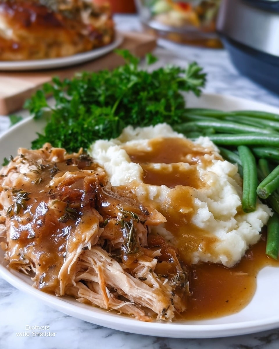 The image shows a white plate filled with three main layers of food: a generous amount of shredded brown chicken covered in a thick, glossy onion and herb gravy on the left, soft white mashed potatoes with a pool of brown gravy in the middle, and a neat pile of steamed green beans on the right. At the back, a bunch of fresh green parsley adds vibrant color. The plate sits on a white marbled surface, and a blurred background includes more food and kitchen items. Photo taken with an iphone --ar 4:5 --v 7