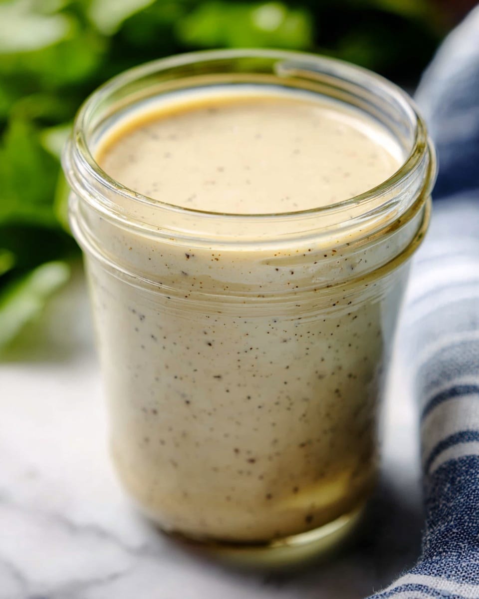 A clear glass jar filled with a creamy, light beige sauce speckled with small black pepper bits, the jar is shown close-up with the sauce reaching just below the jar's rim, sitting on a white marbled surface with blurred green leaves in the background and a soft focus blue and white striped cloth on the side, conveying a fresh and homemade feel. photo taken with an iphone --ar 4:5 --v 7