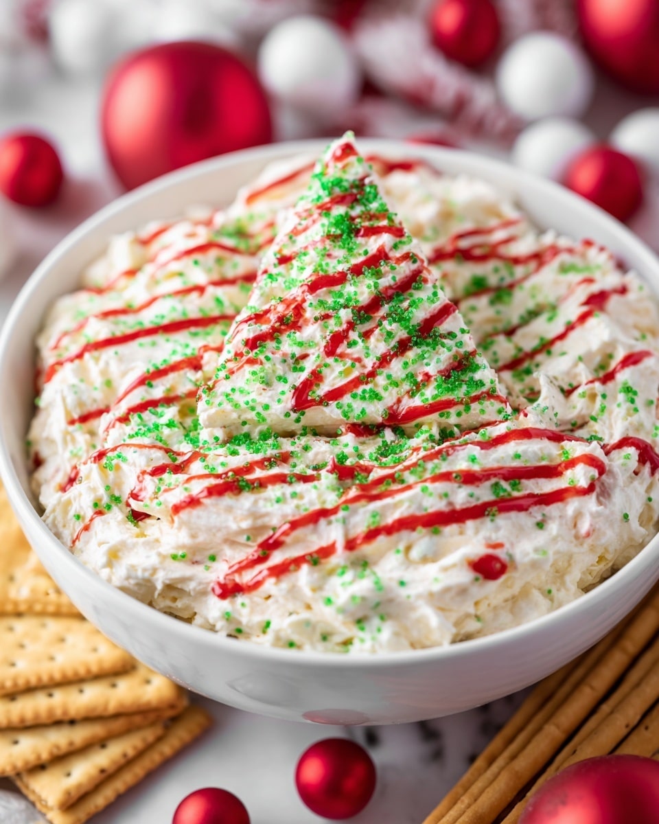 A white bowl filled with a creamy white dip that has a slightly rough texture, topped with green sugar sprinkles spread evenly and thin red lines of drizzle running across the surface. In the center, there is a large triangle-shaped dollop of the same white dip with red drizzle and green sprinkles on it, standing up slightly from the rest of the dip. The bowl is placed on a white marbled surface, surrounded by red and white round decorative balls and wooden sticks as ornaments, with some tan crackers partially visible at the bottom edge. Photo taken with an iphone --ar 4:5 --v 7