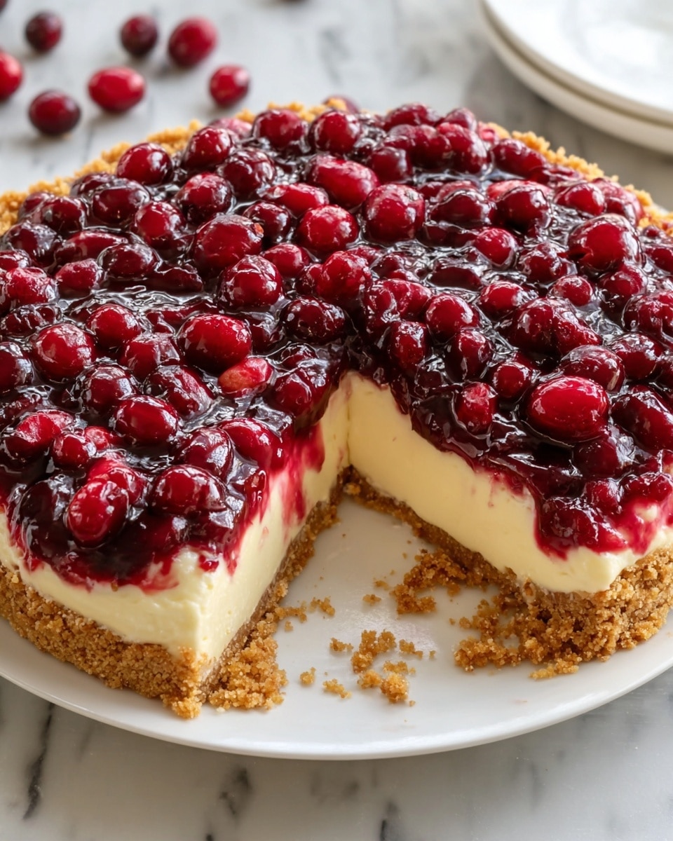 The image shows a three-layer pie on a white plate, placed on a white marbled surface. The bottom layer is a crumbly, golden-brown crust forming the base and the edges of the pie. Above this is a creamy, smooth pale yellow filling layer that looks soft and dense. The top layer consists of glossy red cranberries in a thick, shiny dark red sauce, with the fruits scattered evenly and piled slightly high, giving a rich, vibrant look. A section of the pie is missing, showing the clear layers inside. Photo taken with an iphone --ar 4:5 --v 7