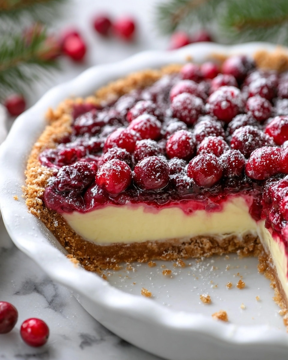 A close-up of a round pie with four visible layers in a white pie dish on a white marbled surface. The bottom layer is a thick, crumbly light brown crust. Above that is a smooth, pale yellow creamy layer. The third layer is a glossy, dark red berry filling, slightly spilling over the edges. The top layer is fresh whole bright red cranberries scattered across the pie, lightly dusted with white powdered sugar. The pie crust has a crimped, golden brown edge and the background includes blurred red cranberries and green pine needles. Photo taken with an iphone --ar 4:5 --v 7